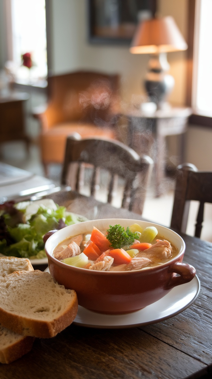 A cozy bowl of chicken soup with sautéed chicken, carrots, and celery, garnished with parsley, alongside bread and salad.